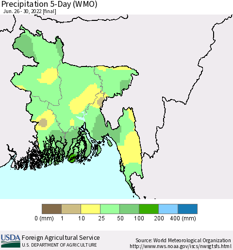 Bangladesh Precipitation 5-Day (WMO) Thematic Map For 6/26/2022 - 6/30/2022