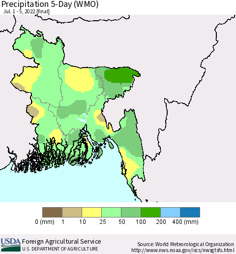 Bangladesh Precipitation 5-Day (WMO) Thematic Map For 7/1/2022 - 7/5/2022