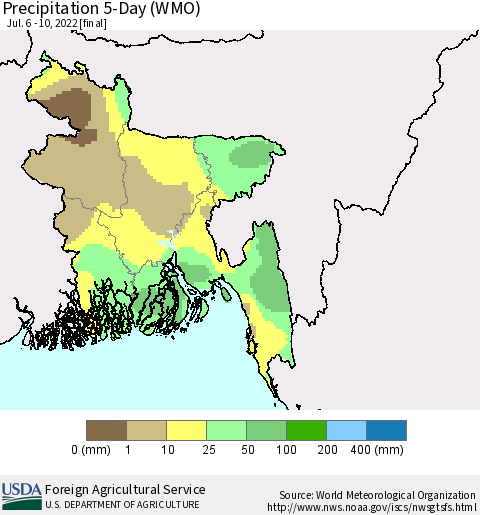 Bangladesh Precipitation 5-Day (WMO) Thematic Map For 7/6/2022 - 7/10/2022