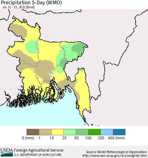 Bangladesh Precipitation 5-Day (WMO) Thematic Map For 7/11/2022 - 7/15/2022