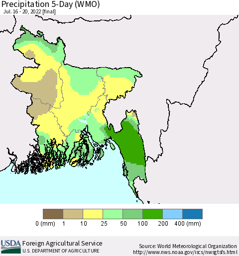 Bangladesh Precipitation 5-Day (WMO) Thematic Map For 7/16/2022 - 7/20/2022