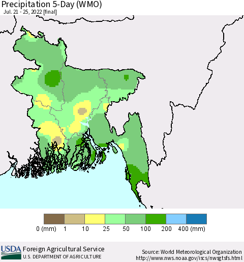 Bangladesh Precipitation 5-Day (WMO) Thematic Map For 7/21/2022 - 7/25/2022