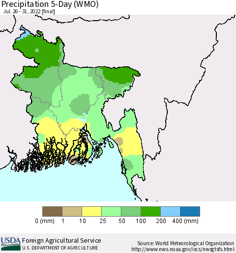 Bangladesh Precipitation 5-Day (WMO) Thematic Map For 7/26/2022 - 7/31/2022