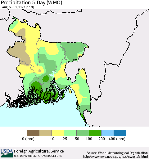 Bangladesh Precipitation 5-Day (WMO) Thematic Map For 8/6/2022 - 8/10/2022