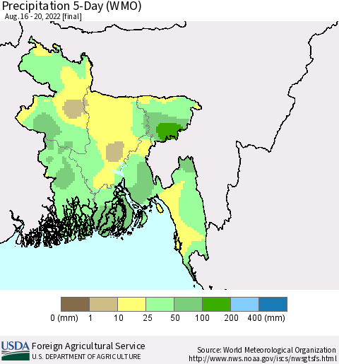 Bangladesh Precipitation 5-Day (WMO) Thematic Map For 8/16/2022 - 8/20/2022