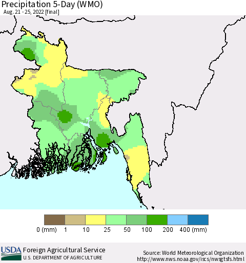 Bangladesh Precipitation 5-Day (WMO) Thematic Map For 8/21/2022 - 8/25/2022