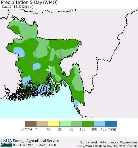 Bangladesh Precipitation 5-Day (WMO) Thematic Map For 9/11/2022 - 9/15/2022