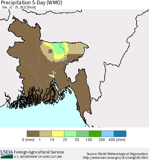 Bangladesh Precipitation 5-Day (WMO) Thematic Map For 12/21/2022 - 12/25/2022