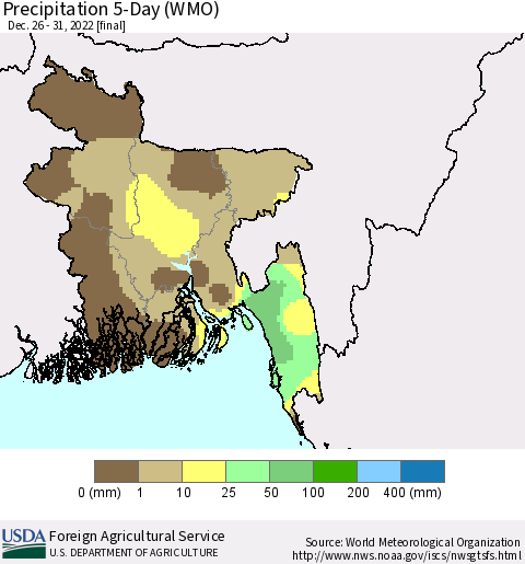 Bangladesh Precipitation 5-Day (WMO) Thematic Map For 12/26/2022 - 12/31/2022