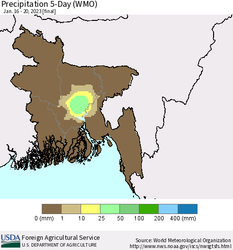 Bangladesh Precipitation 5-Day (WMO) Thematic Map For 1/16/2023 - 1/20/2023
