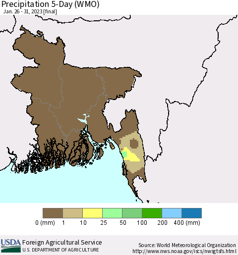 Bangladesh Precipitation 5-Day (WMO) Thematic Map For 1/26/2023 - 1/31/2023
