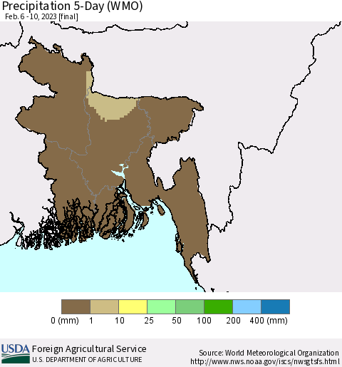 Bangladesh Precipitation 5-Day (WMO) Thematic Map For 2/6/2023 - 2/10/2023