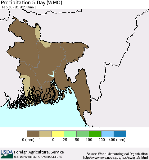 Bangladesh Precipitation 5-Day (WMO) Thematic Map For 2/16/2023 - 2/20/2023