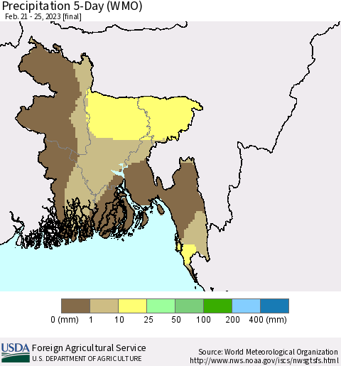 Bangladesh Precipitation 5-Day (WMO) Thematic Map For 2/21/2023 - 2/25/2023