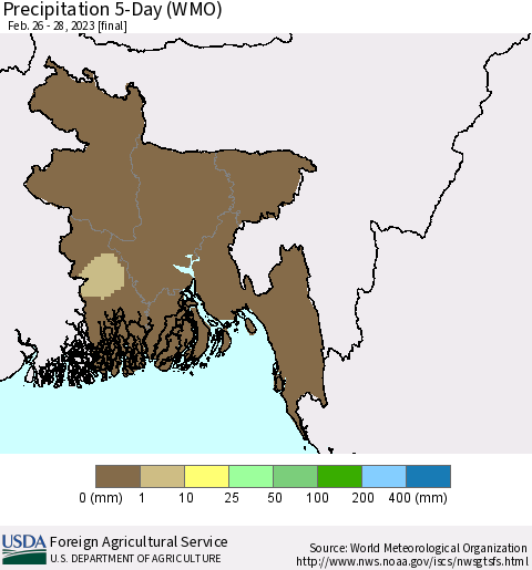 Bangladesh Precipitation 5-Day (WMO) Thematic Map For 2/26/2023 - 2/28/2023