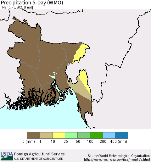 Bangladesh Precipitation 5-Day (WMO) Thematic Map For 3/1/2023 - 3/5/2023