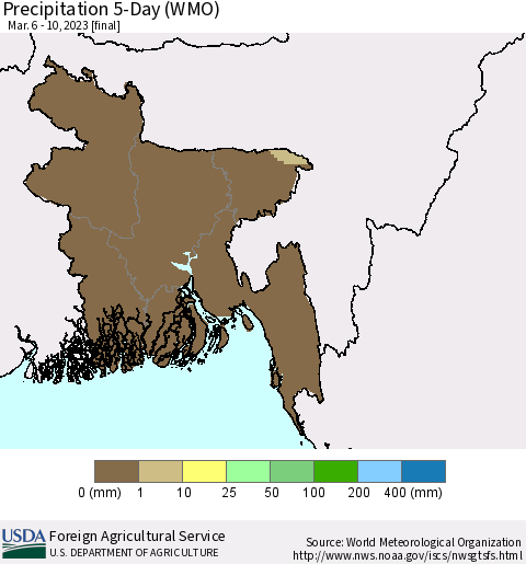 Bangladesh Precipitation 5-Day (WMO) Thematic Map For 3/6/2023 - 3/10/2023