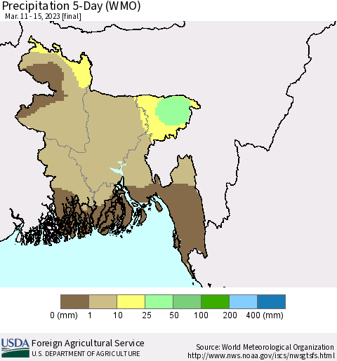 Bangladesh Precipitation 5-Day (WMO) Thematic Map For 3/11/2023 - 3/15/2023