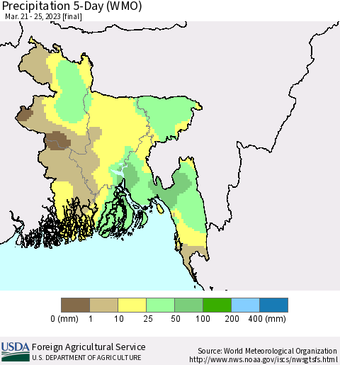 Bangladesh Precipitation 5-Day (WMO) Thematic Map For 3/21/2023 - 3/25/2023