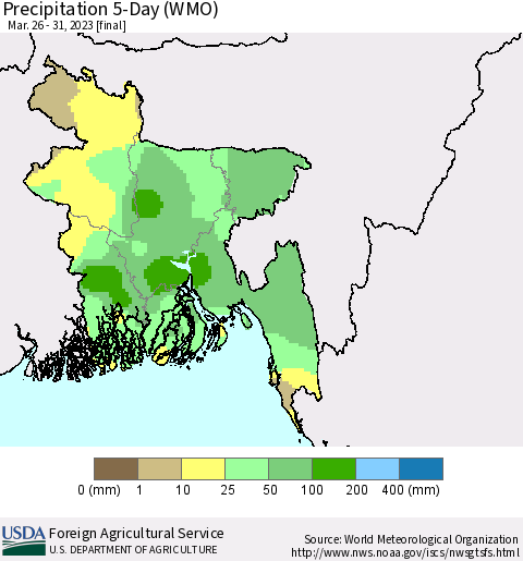 Bangladesh Precipitation 5-Day (WMO) Thematic Map For 3/26/2023 - 3/31/2023