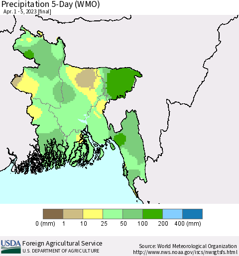 Bangladesh Precipitation 5-Day (WMO) Thematic Map For 4/1/2023 - 4/5/2023