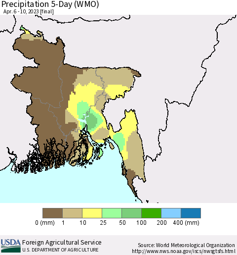 Bangladesh Precipitation 5-Day (WMO) Thematic Map For 4/6/2023 - 4/10/2023