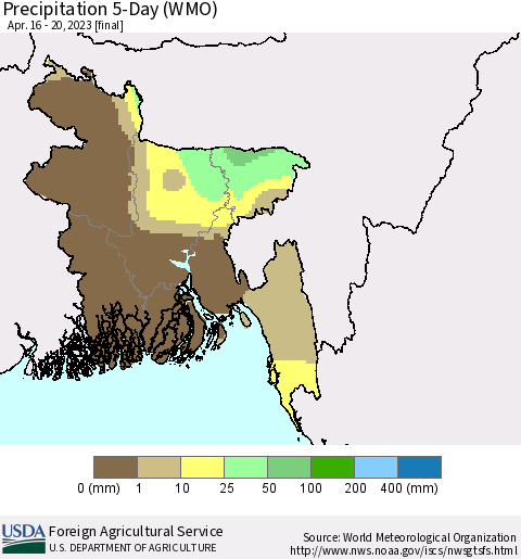 Bangladesh Precipitation 5-Day (WMO) Thematic Map For 4/16/2023 - 4/20/2023