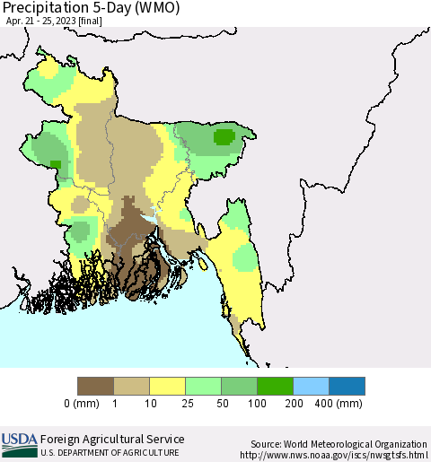 Bangladesh Precipitation 5-Day (WMO) Thematic Map For 4/21/2023 - 4/25/2023