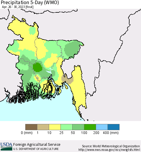 Bangladesh Precipitation 5-Day (WMO) Thematic Map For 4/26/2023 - 4/30/2023
