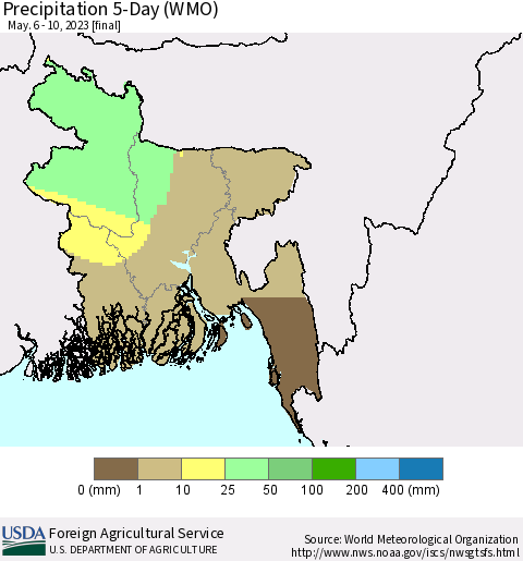 Bangladesh Precipitation 5-Day (WMO) Thematic Map For 5/6/2023 - 5/10/2023