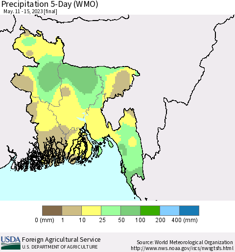 Bangladesh Precipitation 5-Day (WMO) Thematic Map For 5/11/2023 - 5/15/2023