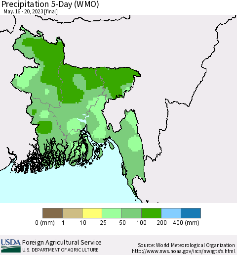 Bangladesh Precipitation 5-Day (WMO) Thematic Map For 5/16/2023 - 5/20/2023