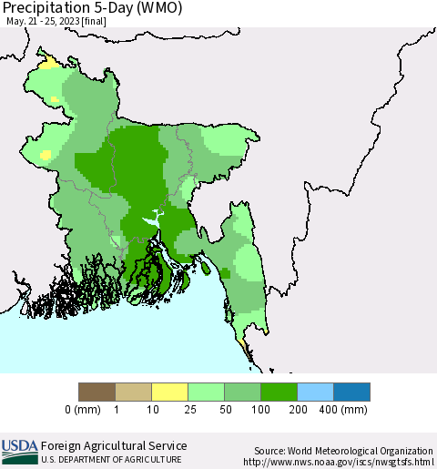 Bangladesh Precipitation 5-Day (WMO) Thematic Map For 5/21/2023 - 5/25/2023