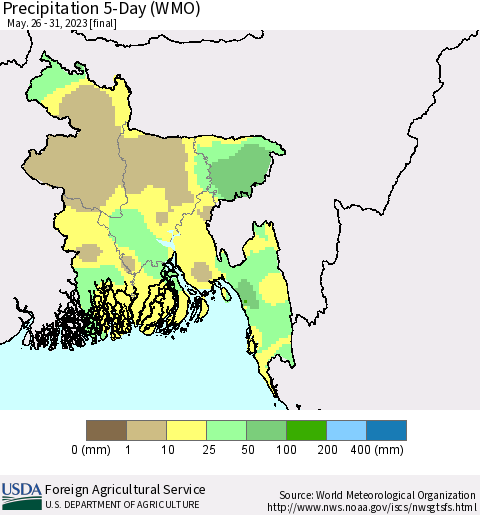 Bangladesh Precipitation 5-Day (WMO) Thematic Map For 5/26/2023 - 5/31/2023