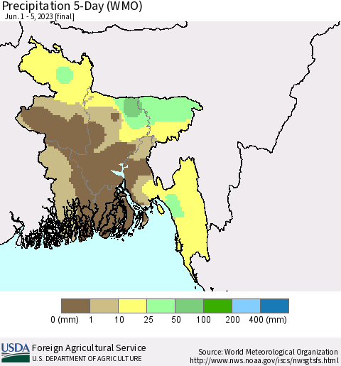 Bangladesh Precipitation 5-Day (WMO) Thematic Map For 6/1/2023 - 6/5/2023