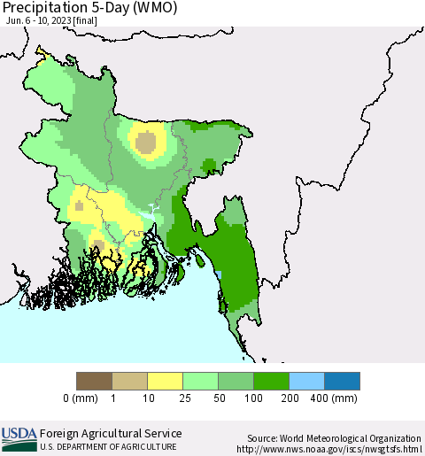 Bangladesh Precipitation 5-Day (WMO) Thematic Map For 6/6/2023 - 6/10/2023