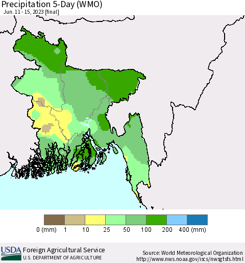 Bangladesh Precipitation 5-Day (WMO) Thematic Map For 6/11/2023 - 6/15/2023
