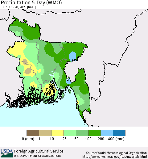 Bangladesh Precipitation 5-Day (WMO) Thematic Map For 6/16/2023 - 6/20/2023