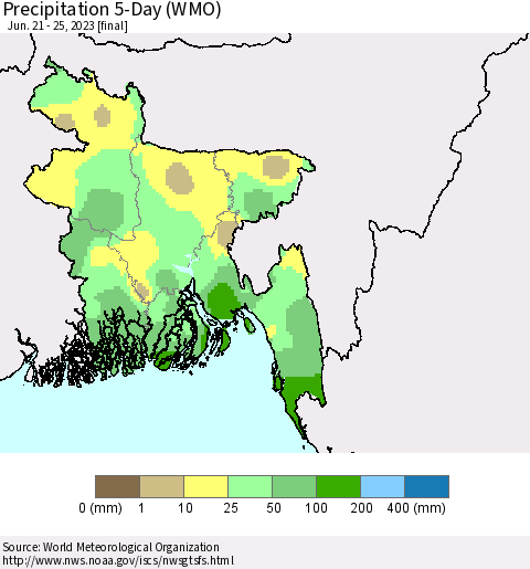 Bangladesh Precipitation 5-Day (WMO) Thematic Map For 6/21/2023 - 6/25/2023