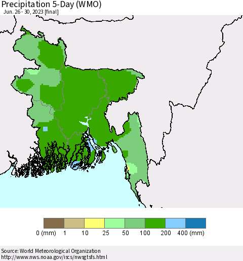 Bangladesh Precipitation 5-Day (WMO) Thematic Map For 6/26/2023 - 6/30/2023