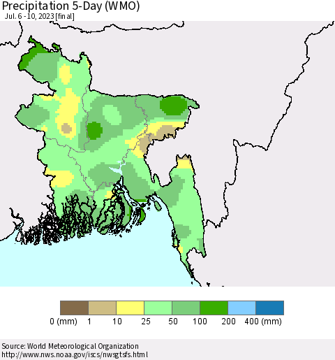 Bangladesh Precipitation 5-Day (WMO) Thematic Map For 7/6/2023 - 7/10/2023