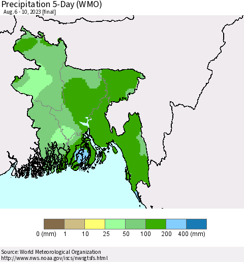Bangladesh Precipitation 5-Day (WMO) Thematic Map For 8/6/2023 - 8/10/2023