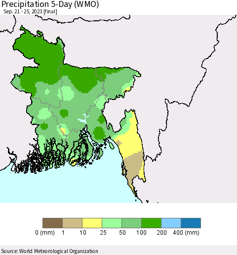 Bangladesh Precipitation 5-Day (WMO) Thematic Map For 9/21/2023 - 9/25/2023