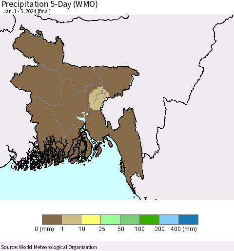 Bangladesh Precipitation 5-Day (WMO) Thematic Map For 1/1/2024 - 1/5/2024