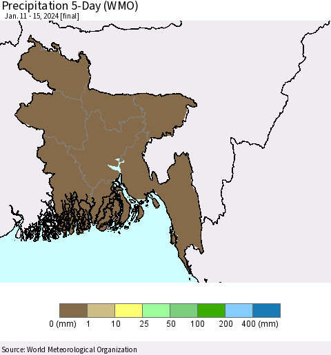 Bangladesh Precipitation 5-Day (WMO) Thematic Map For 1/11/2024 - 1/15/2024