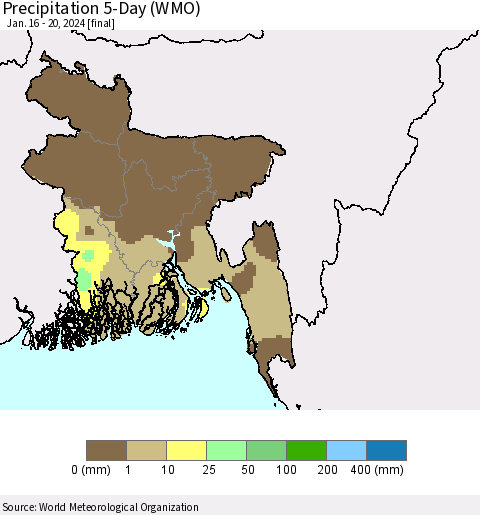 Bangladesh Precipitation 5-Day (WMO) Thematic Map For 1/16/2024 - 1/20/2024