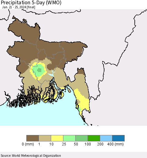 Bangladesh Precipitation 5-Day (WMO) Thematic Map For 1/21/2024 - 1/25/2024