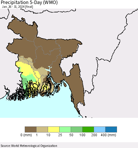 Bangladesh Precipitation 5-Day (WMO) Thematic Map For 1/26/2024 - 1/31/2024