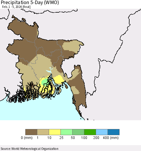 Bangladesh Precipitation 5-Day (WMO) Thematic Map For 2/1/2024 - 2/5/2024