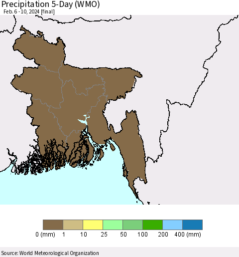 Bangladesh Precipitation 5-Day (WMO) Thematic Map For 2/6/2024 - 2/10/2024